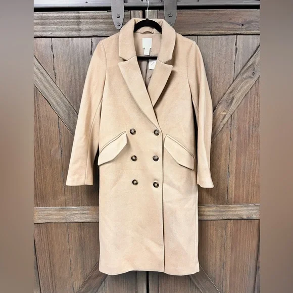 H&M Double-Breasted Knee Length Lined Trench Coat Light Beige Size XS - Picture 3 of 8